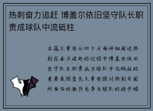 热刺奋力追赶 博盖尔依旧坚守队长职责成球队中流砥柱